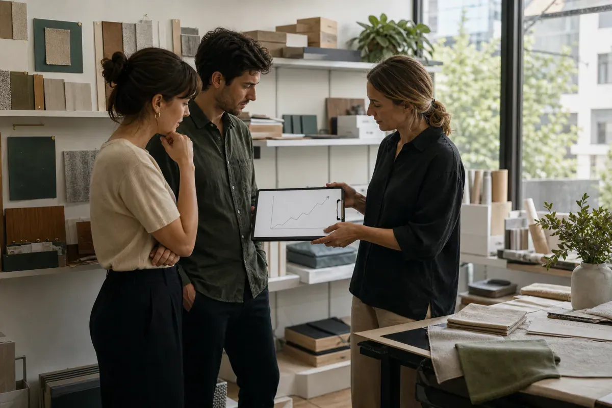 Business owner, partner, and advisor reviewing a blank growth chart in a Canadian studio for future business prenup planning