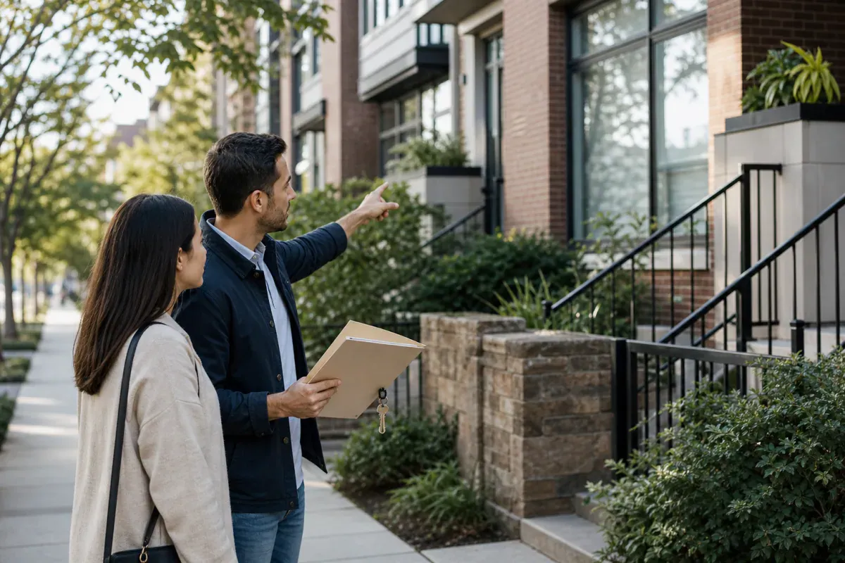 Couple reviewing a townhouse exterior with a folder and keys while planning future home equity in a prenup