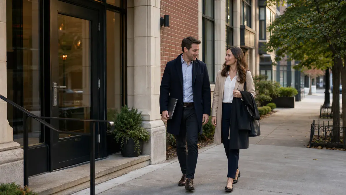 Engaged Canadian couple walking outside a law office with a folder after discussing future asset prenup planning