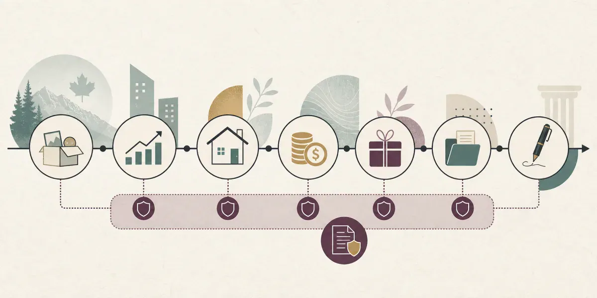 Timeline diagram showing future assets, business growth, home equity, investments, gifts, records, and lawyer review in a prenup plan