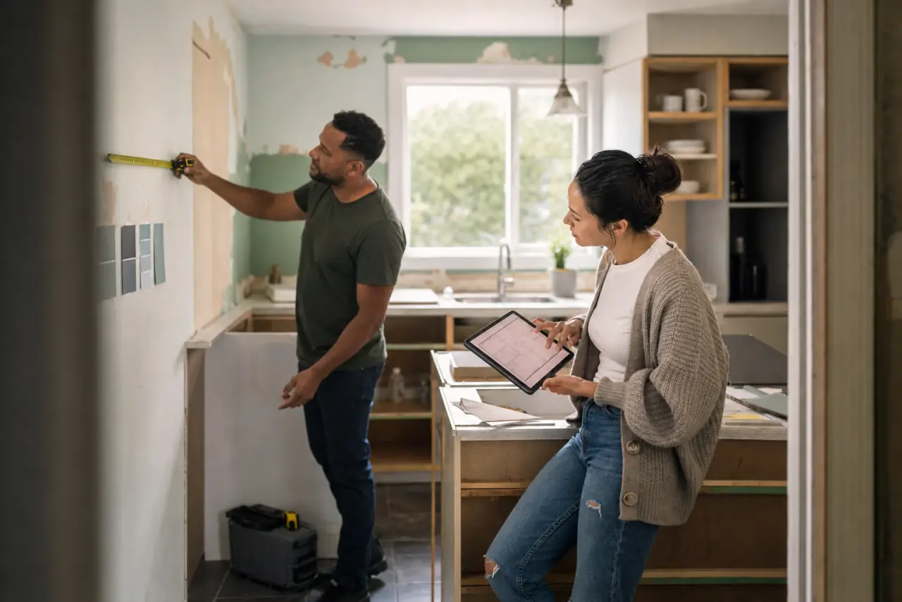 Interracial couple measuring a kitchen renovation and reviewing a floor plan together