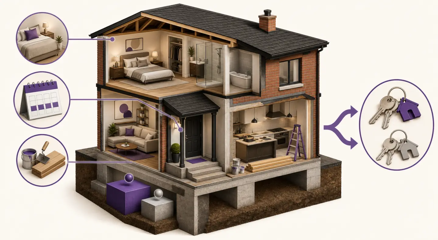 Cutaway house diagram showing contributions, mortgage timing, renovations, and possible sale or buyout paths