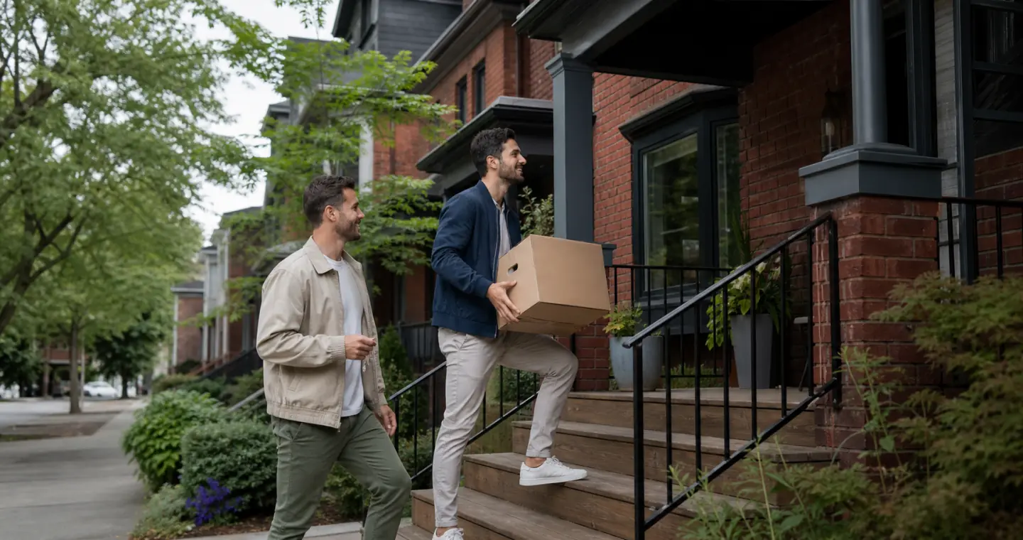 Same-sex couple carrying a moving box into a red-brick Canadian home while one holds the house keys