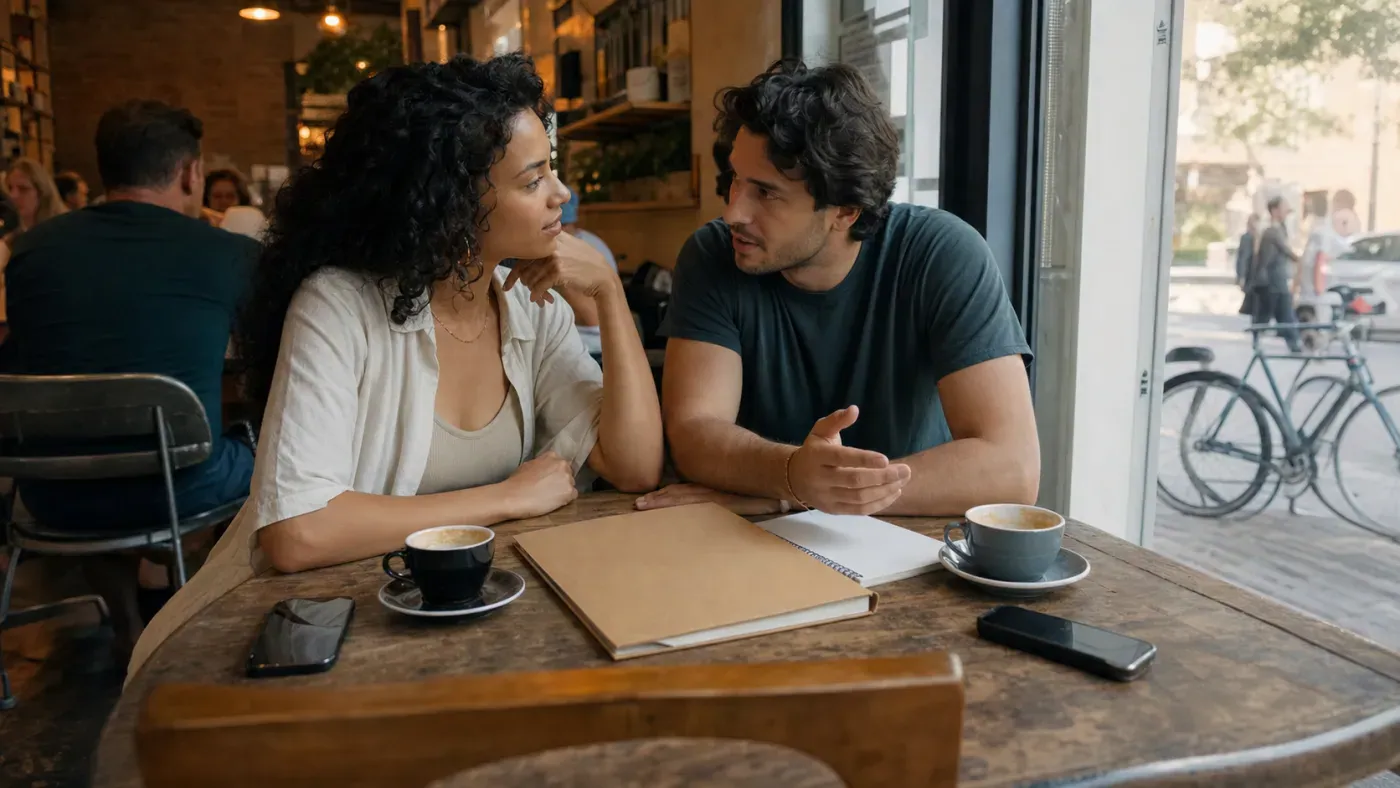 Engaged couple having a candid financial planning conversation at a Toronto neighbourhood cafe