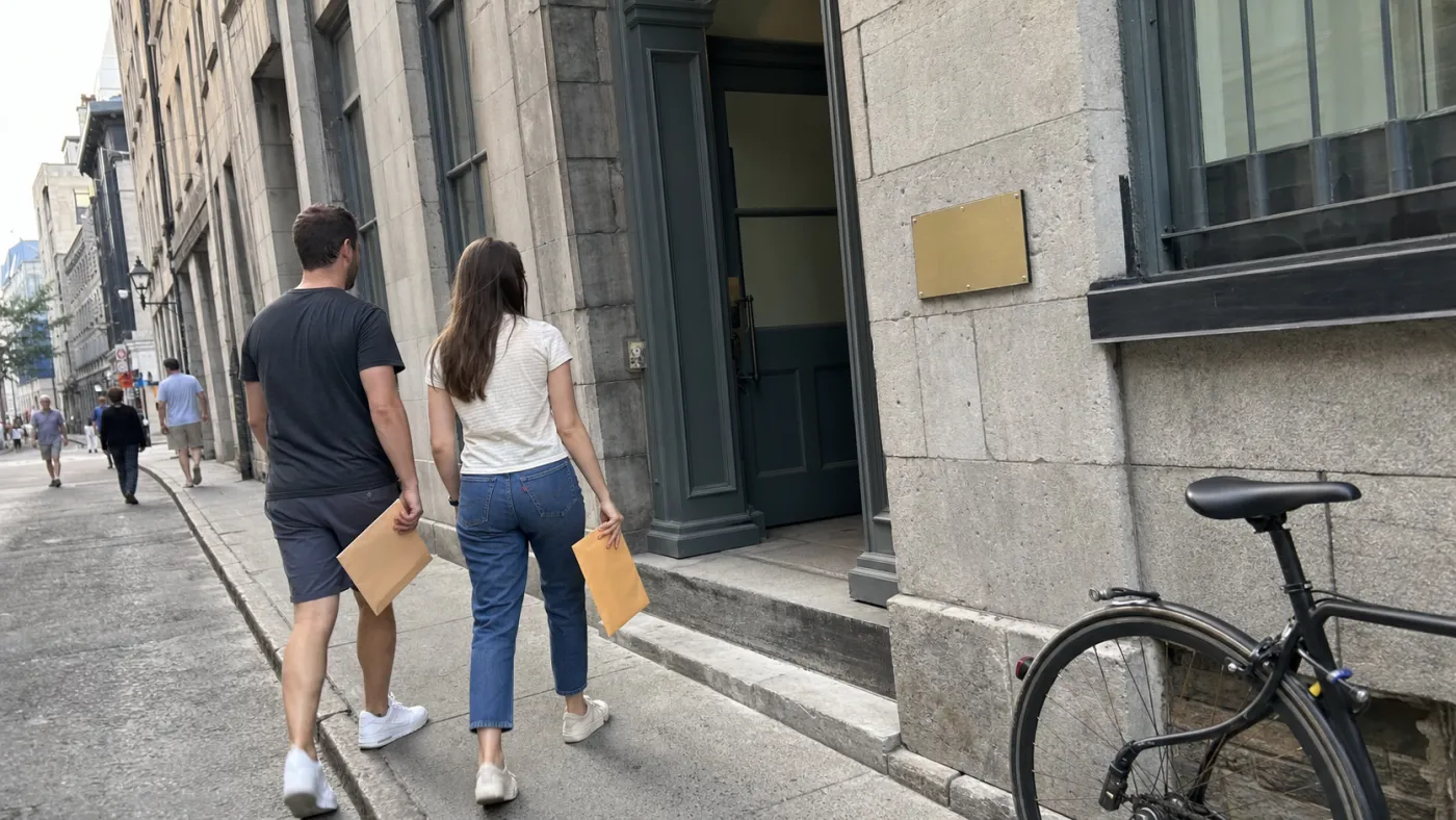 Couple carrying separate document envelopes toward a notary office in Old Montreal