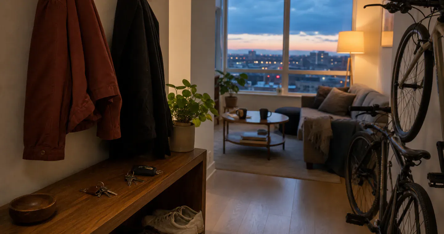 Lived-in Canadian apartment at dusk with two coats, two sets of keys, and two bicycles representing an established couple