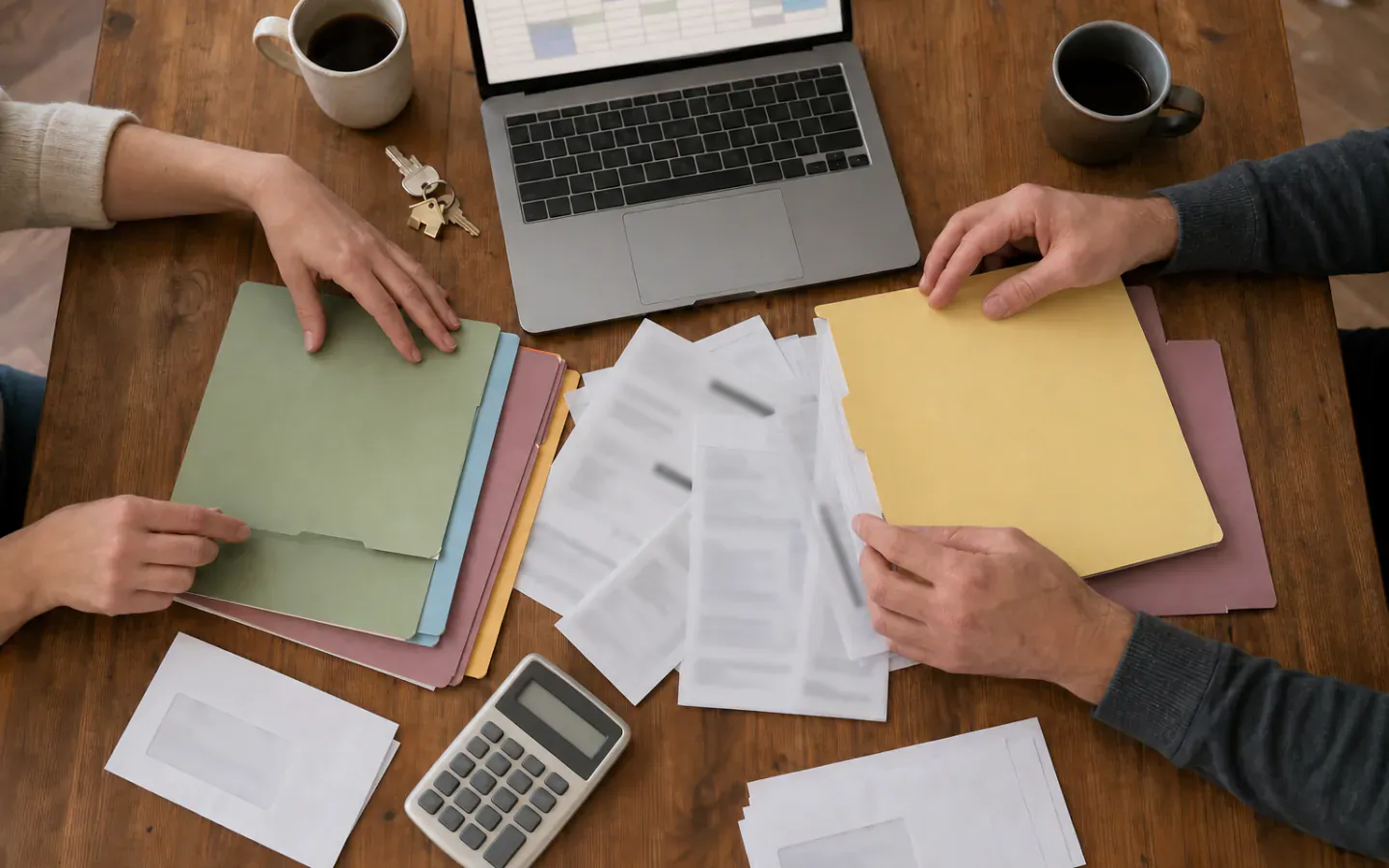 Two partners organize household financial records, coloured folders, keys, and a calculator after moving in together