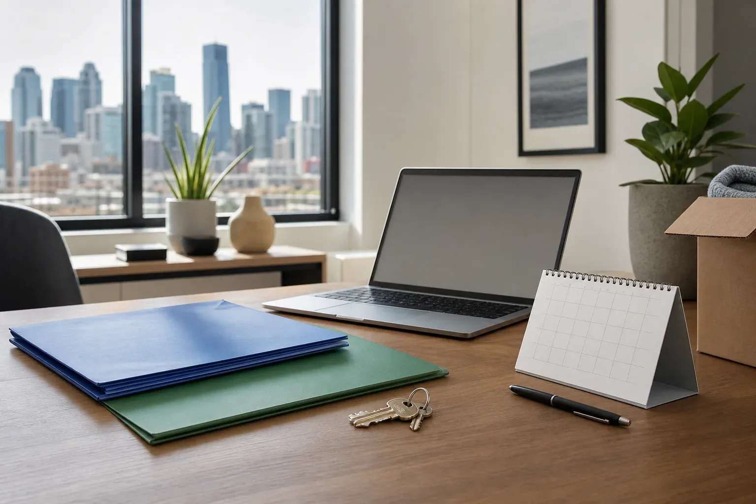 Calgary apartment desk with folders, house keys, laptop, calendar, and moving box for Alberta cohabitation planning