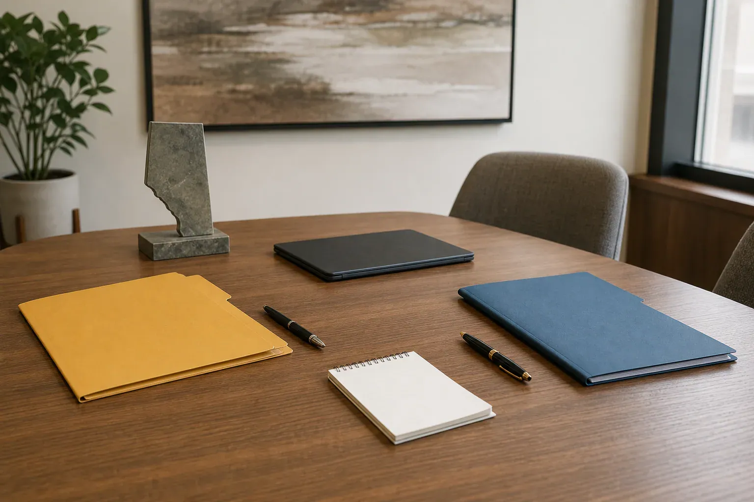 Separate lawyer review folders and pens on an Alberta family law office table