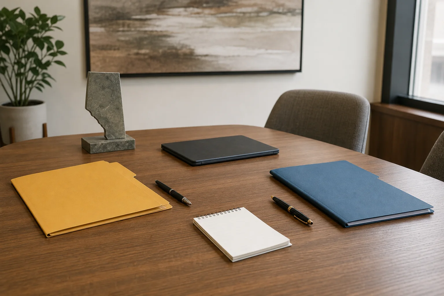 Separate lawyer review folders and pens on an Alberta family law office table