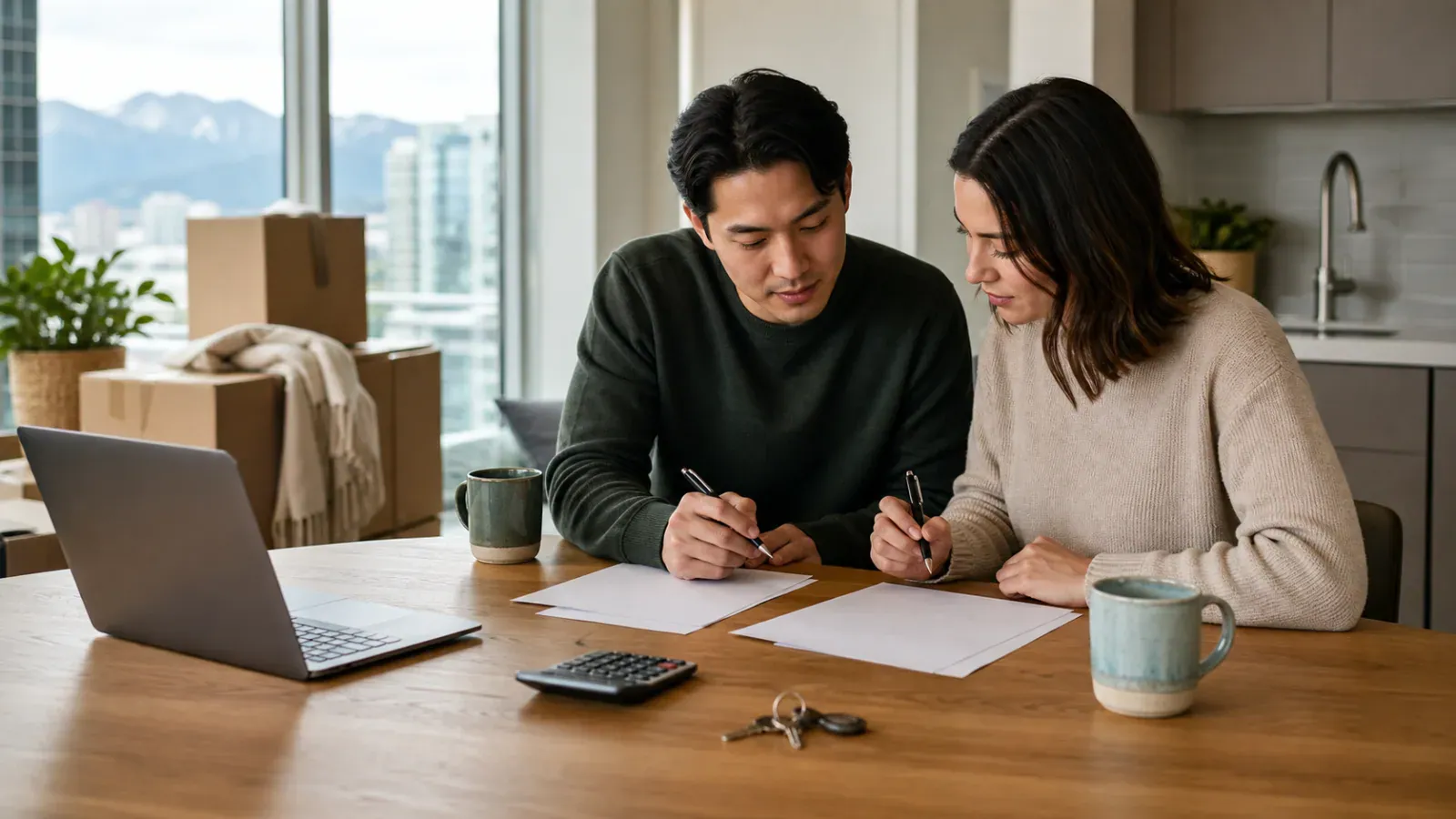 Unmarried couple reviewing blank cohabitation agreement paperwork in a Vancouver condo kitchen