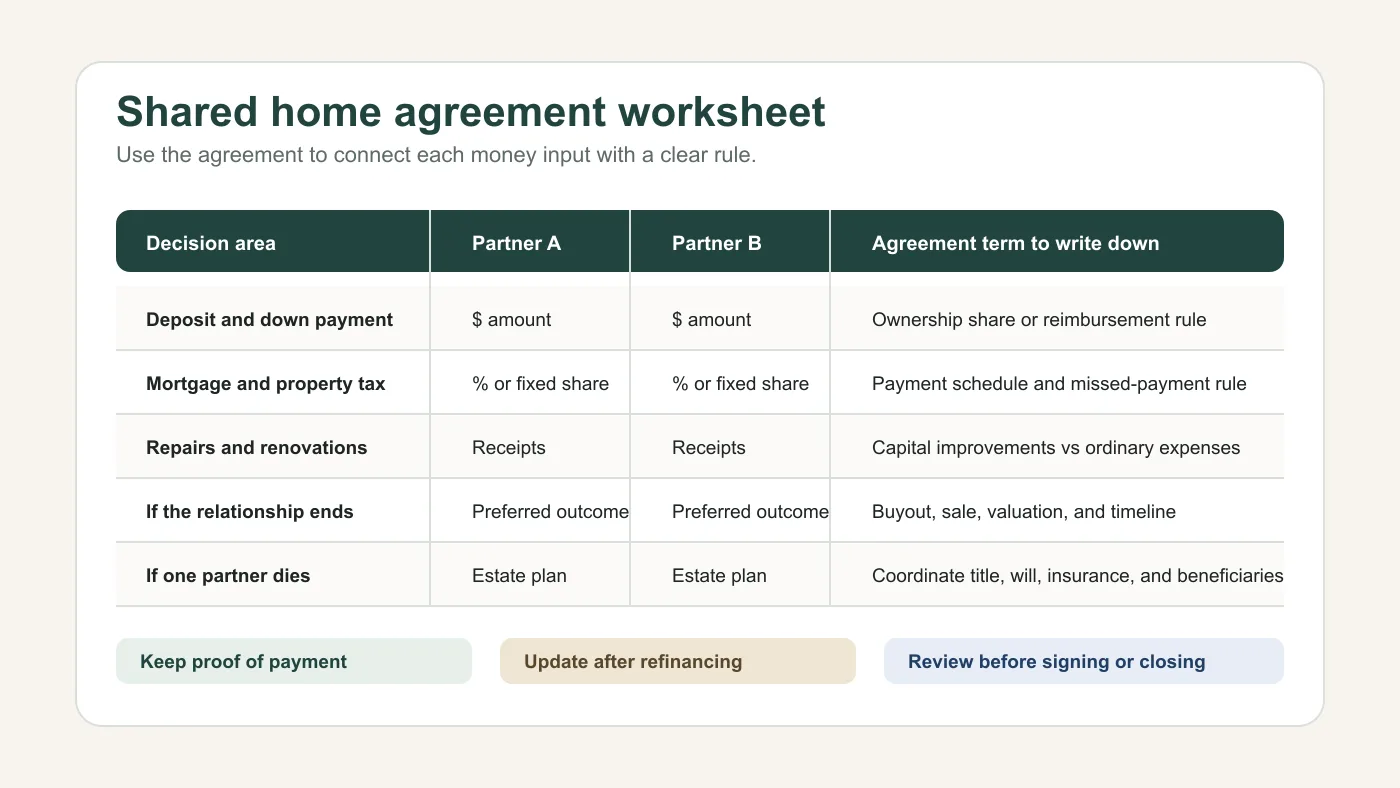 Shared home agreement worksheet listing down payment, mortgage, repairs, exit plan, and estate planning terms