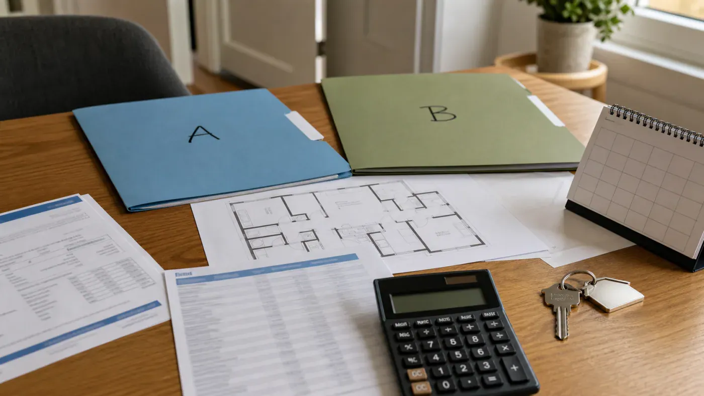 Real estate floor plan, partner folders, calculator, and house keys arranged for shared home purchase planning