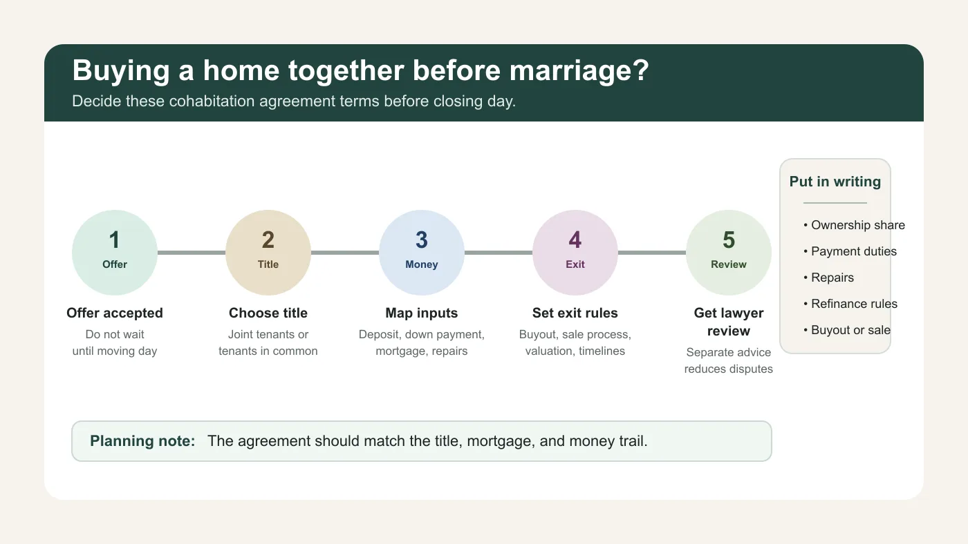 Shared home purchase workflow showing offer, title, money inputs, exit rules, and lawyer review