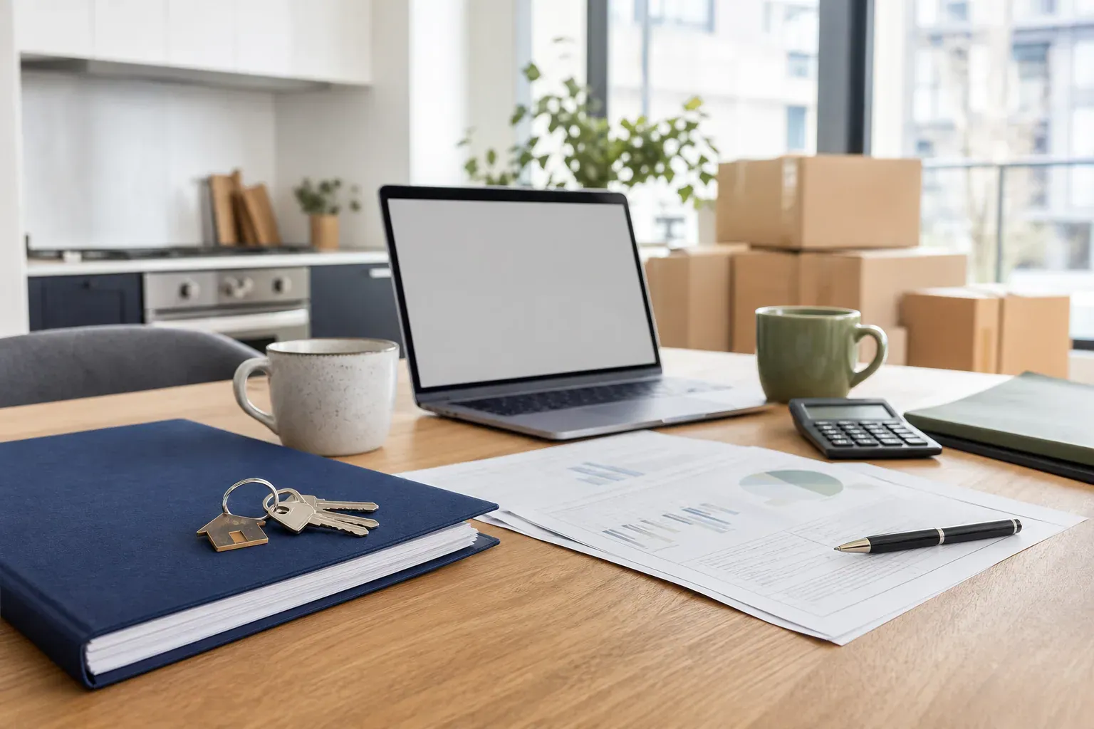 Moving boxes, house keys, laptop, calculator, and financial documents on a bright condo kitchen table