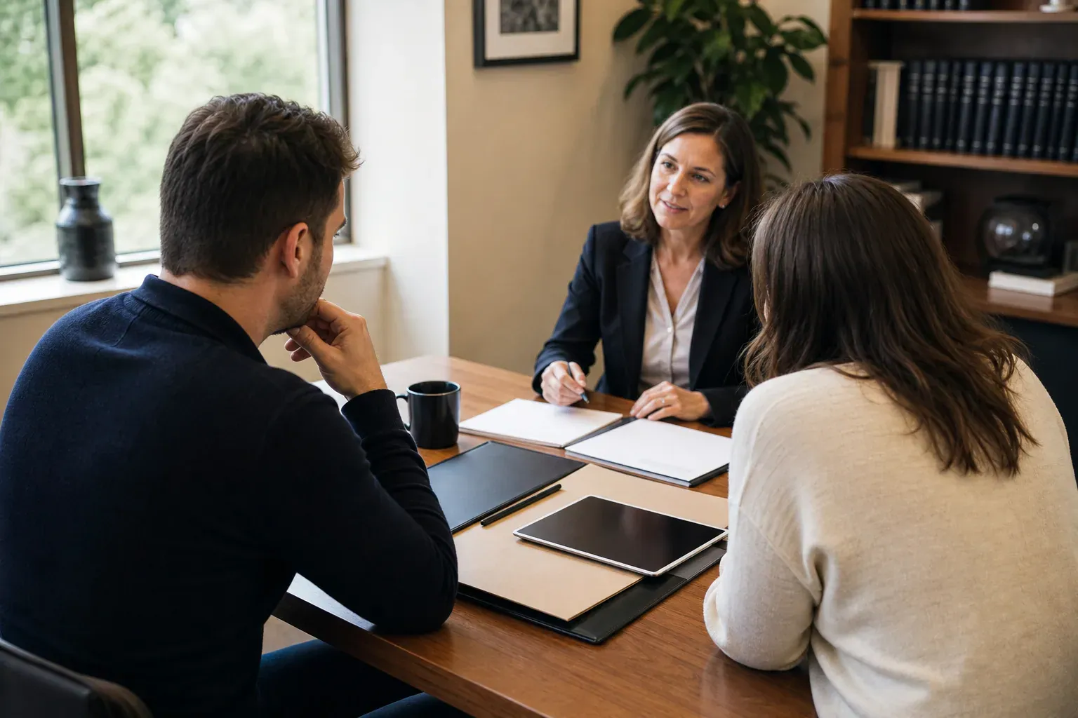 Couple reviewing cohabitation agreement planning notes with a family lawyer in an office