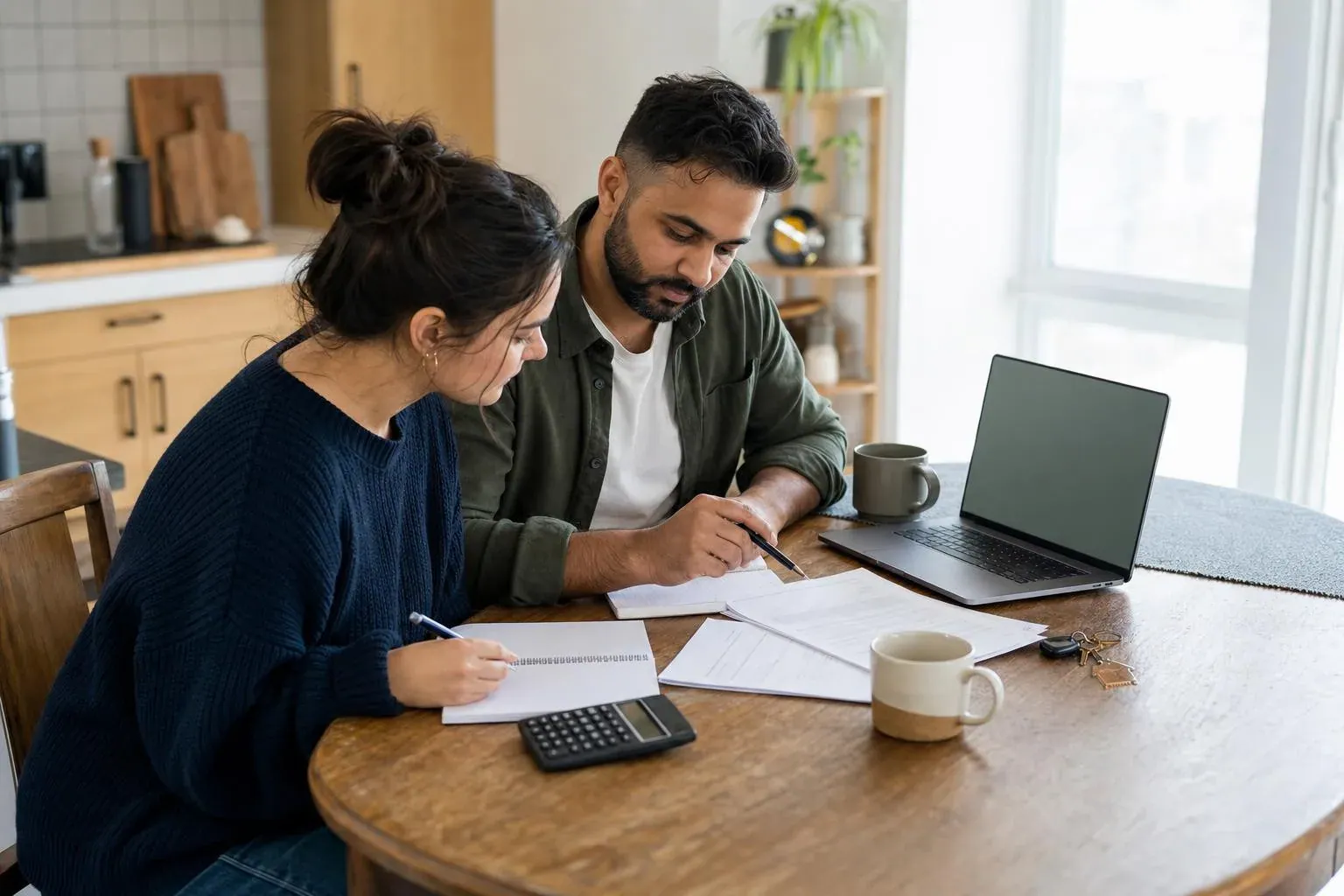 Couple reviewing cohabitation agreement costs and household budget papers at a kitchen table