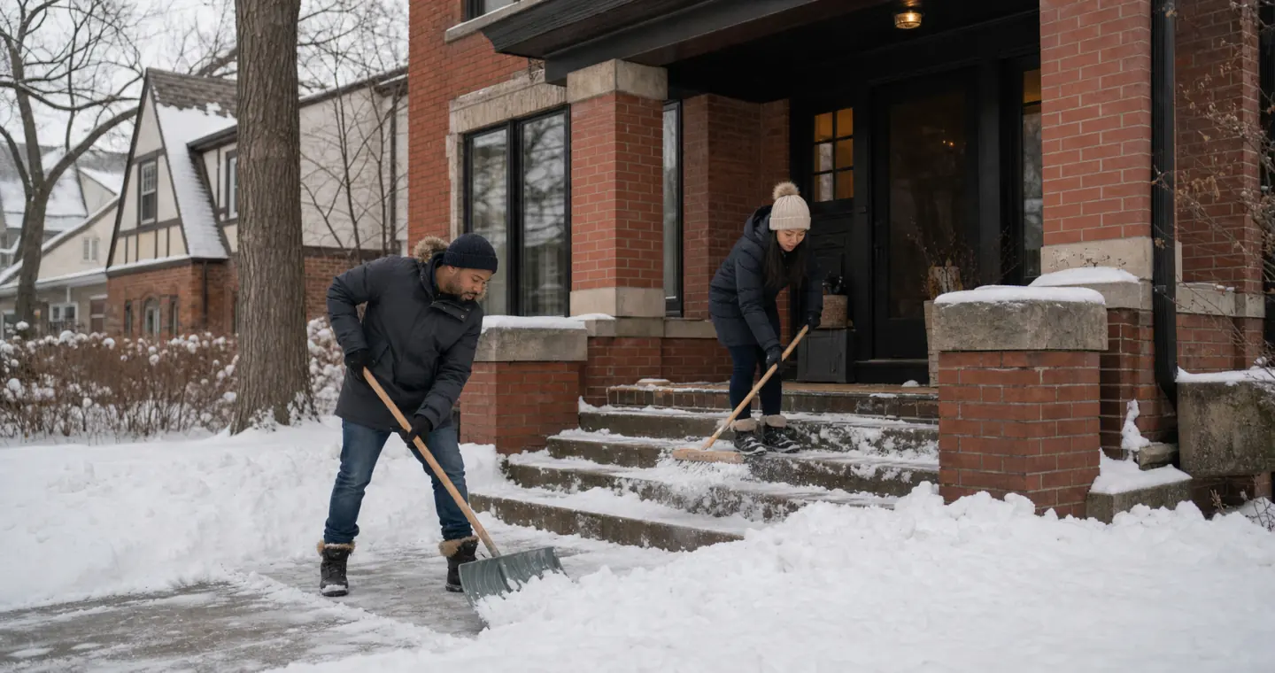 Common-law couple clearing snow outside a Winnipeg home while planning their shared property and responsibilities