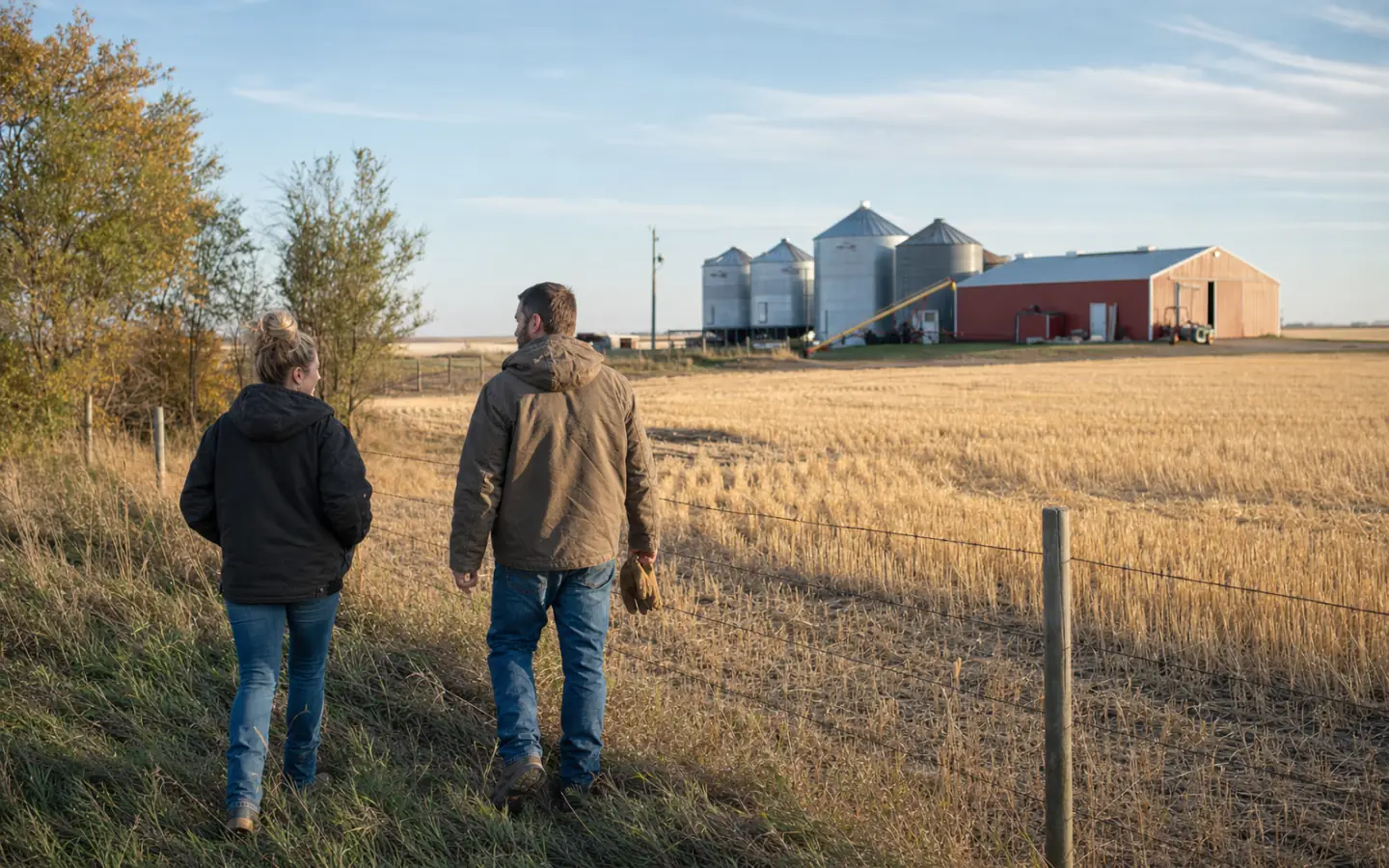Common-law partners walking beside a Manitoba family farm with grain bins and cultivated fields at harvest time