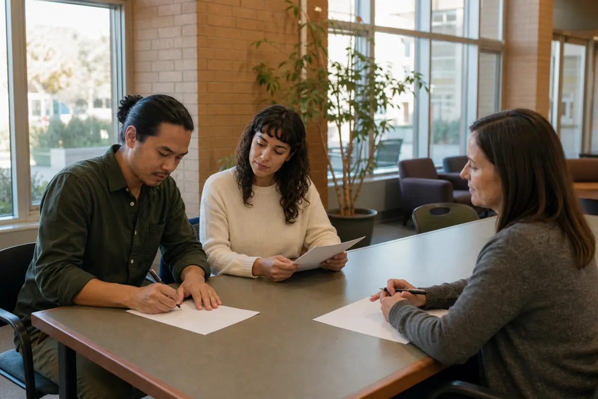 Common-law couple signing separate agreement copies while a neutral adult witness observes