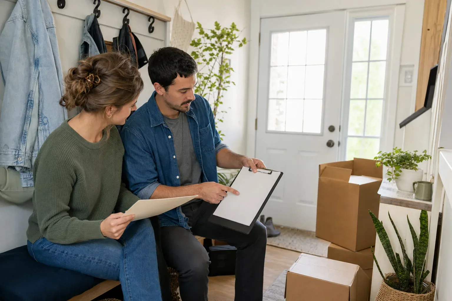 Couple reviewing a blank household planning sheet while moving into a partner-owned home