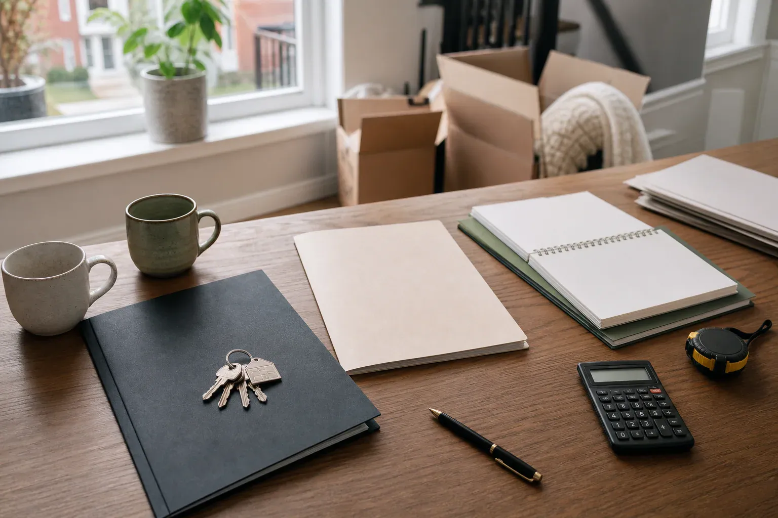House keys, blank agreement folders, calculator, and moving boxes on a table for planning a cohabitation agreement when one partner owns the home
