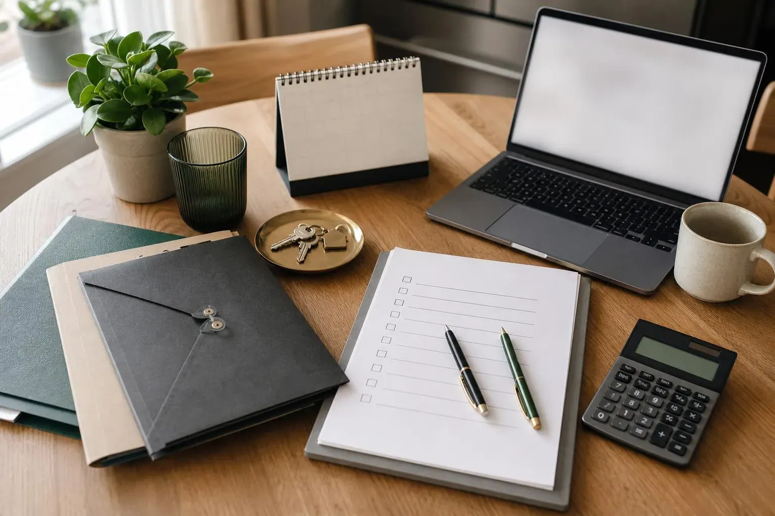 Folders, keys, checklist, laptop, and calculator arranged for Ontario cohabitation agreement planning