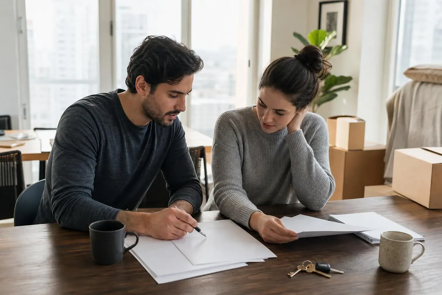Unmarried couple reviewing blank moving-in paperwork at a condo table in Ontario