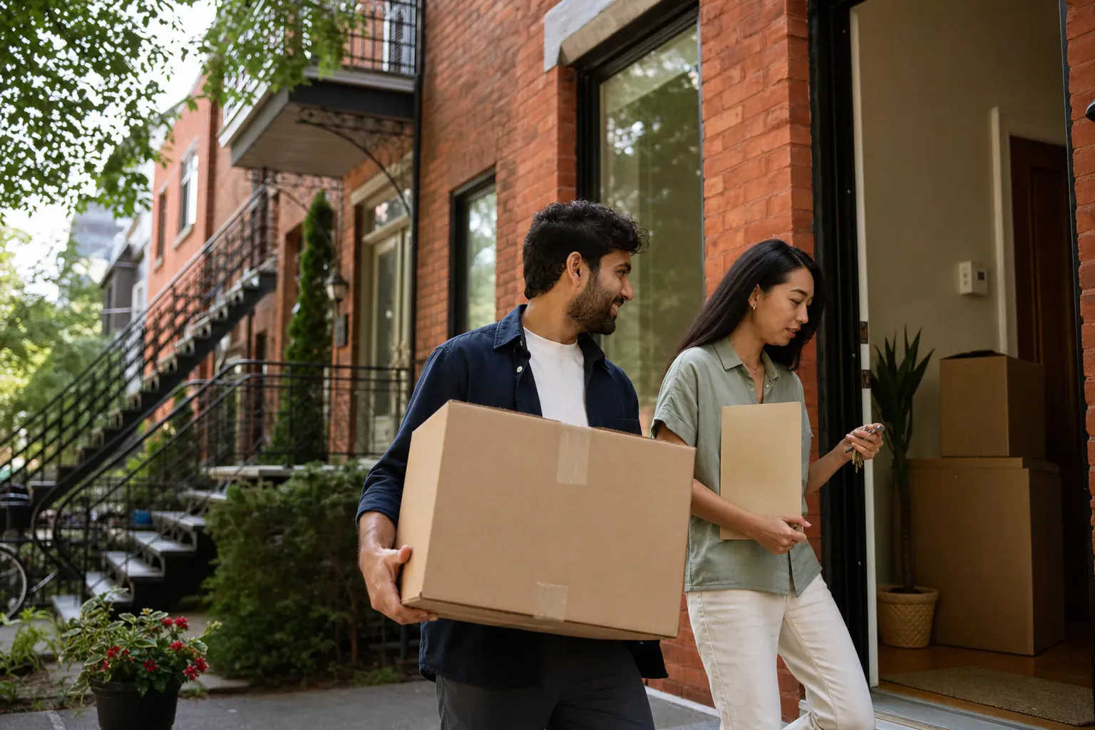 Couple carrying moving boxes and house keys into a Montreal duplex