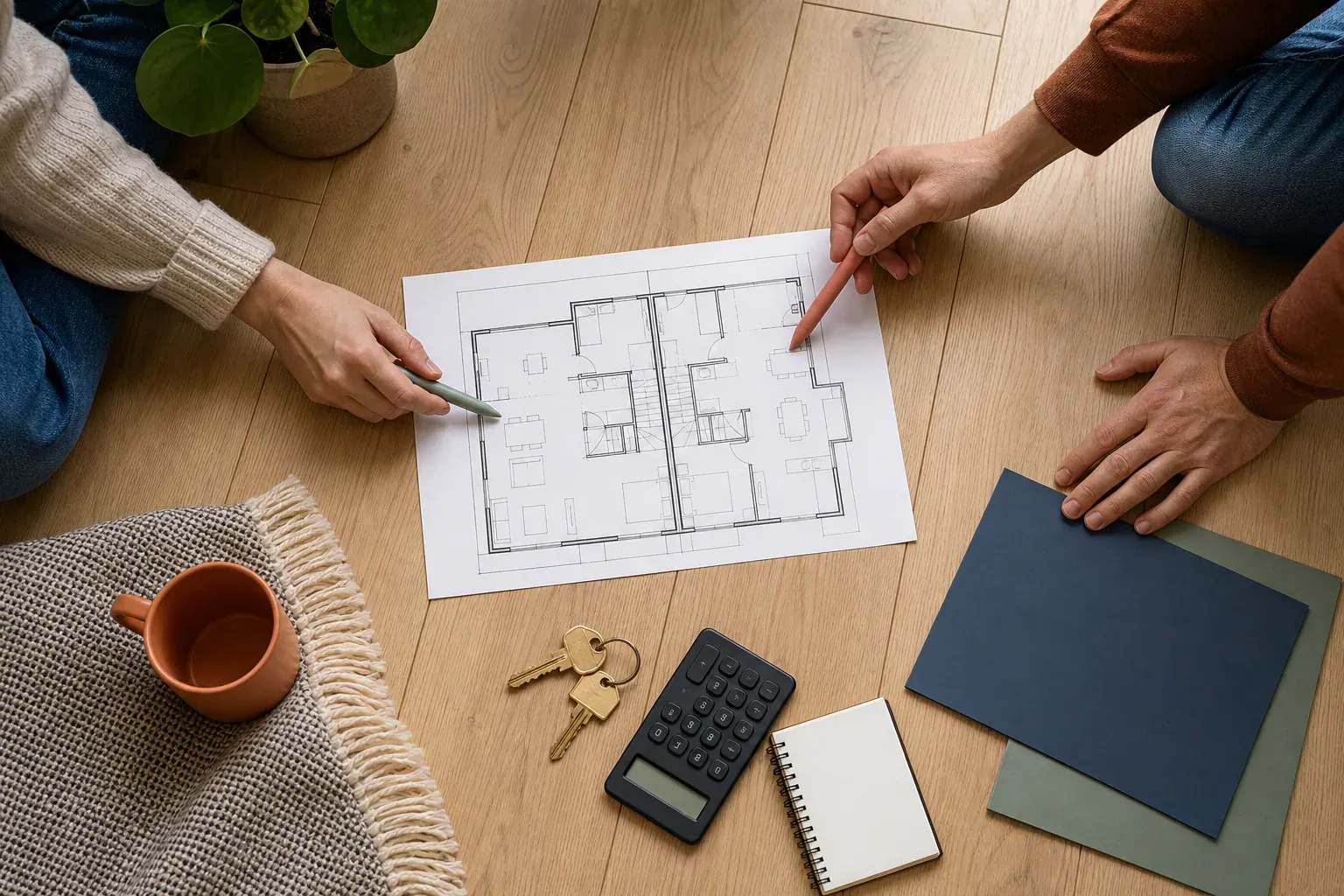Two partners planning how to share a Quebec duplex using a floor plan, keys, calculator, and separate folders