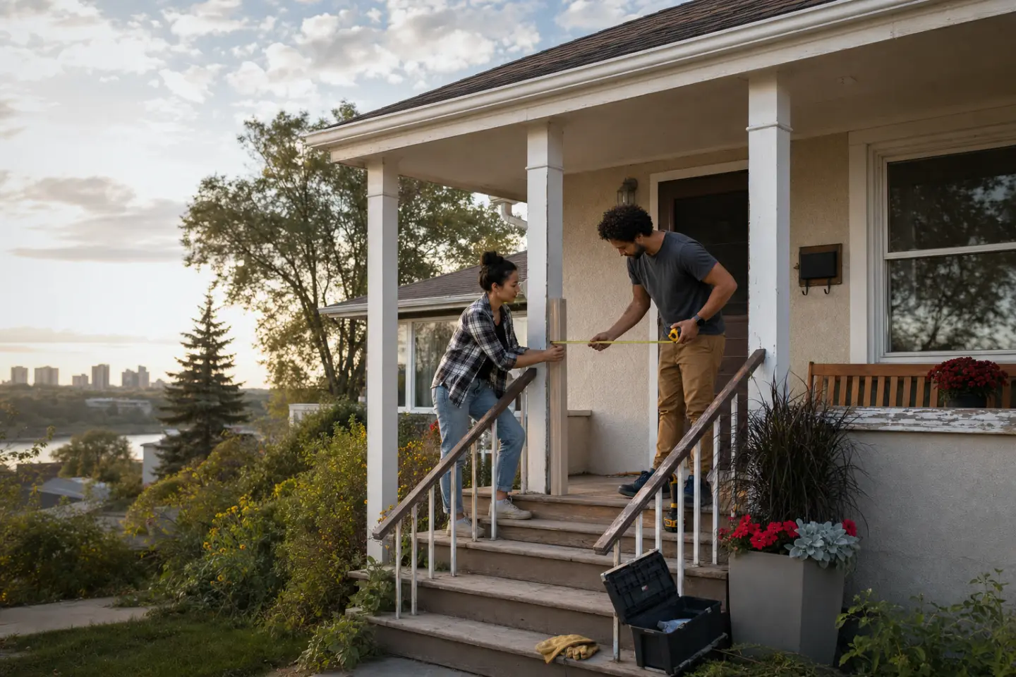 Common-law couple measuring the porch of a Saskatoon bungalow they share, with renovation tools nearby