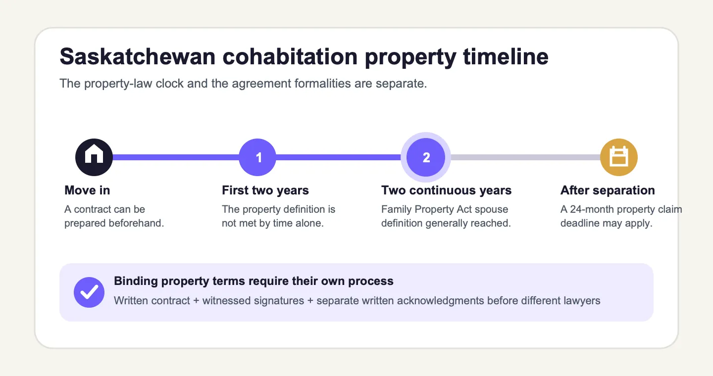 Timeline showing move-in, the two-year Saskatchewan property threshold, the post-separation deadline, and the formal signing steps for a cohabitation agreement