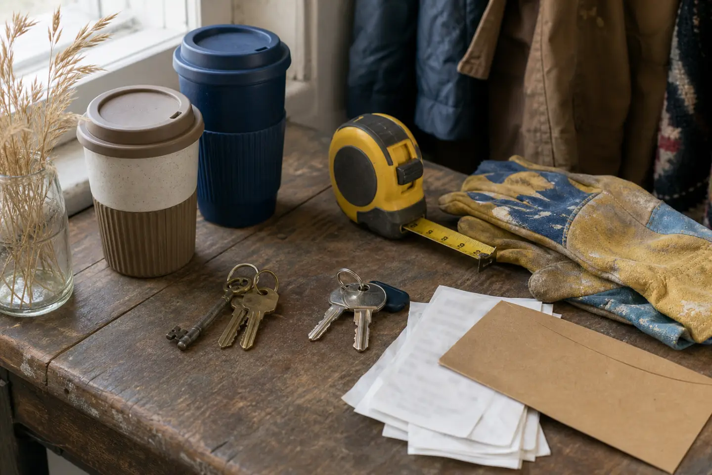 Original and duplicate house keys beside renovation receipts, measuring tape, work gloves, and two reusable cups in a Saskatchewan home