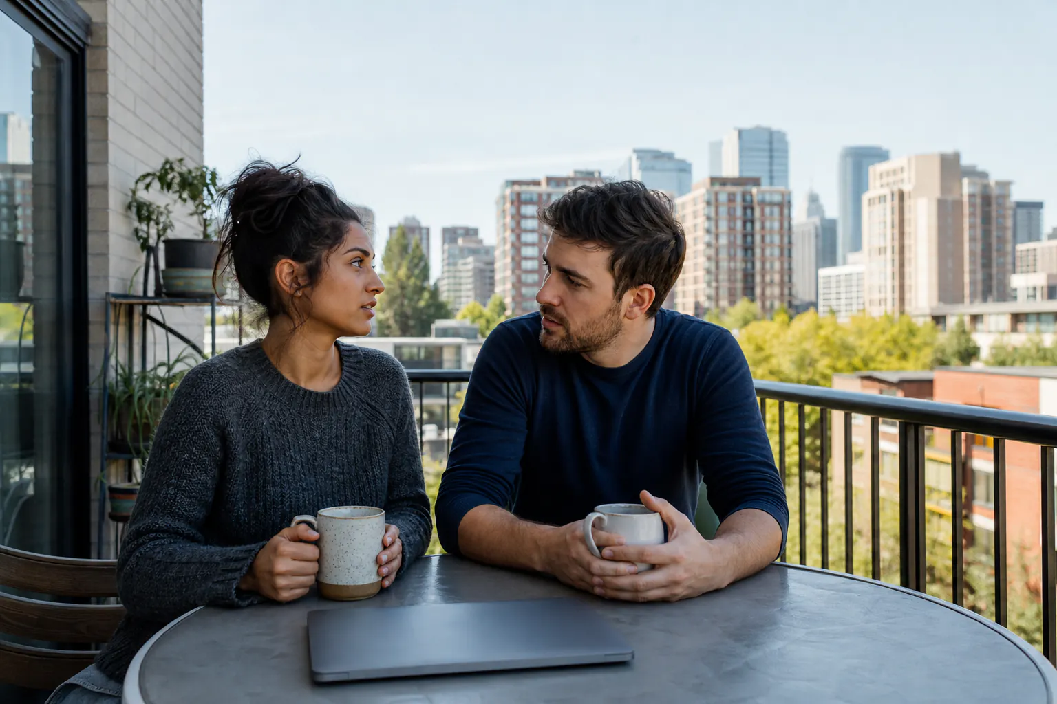 Canadian common-law couple discussing personal and shared debt on an apartment balcony in Calgary