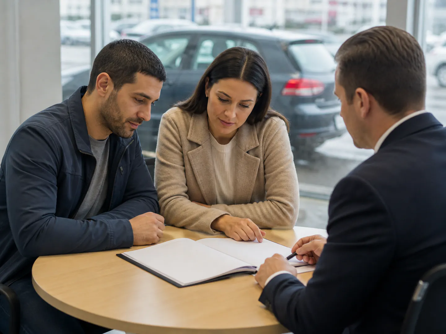 Canadian couple reviewing a joint vehicle loan with a dealership finance manager before signing