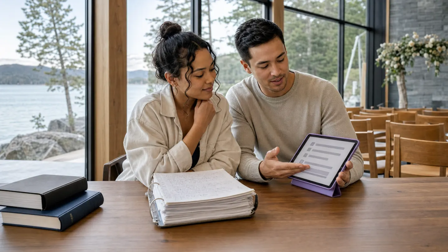 Engaged Canadian couple comparing a thick binder of DIY prenup notes with a guided digital checklist at a lakeside wedding venue