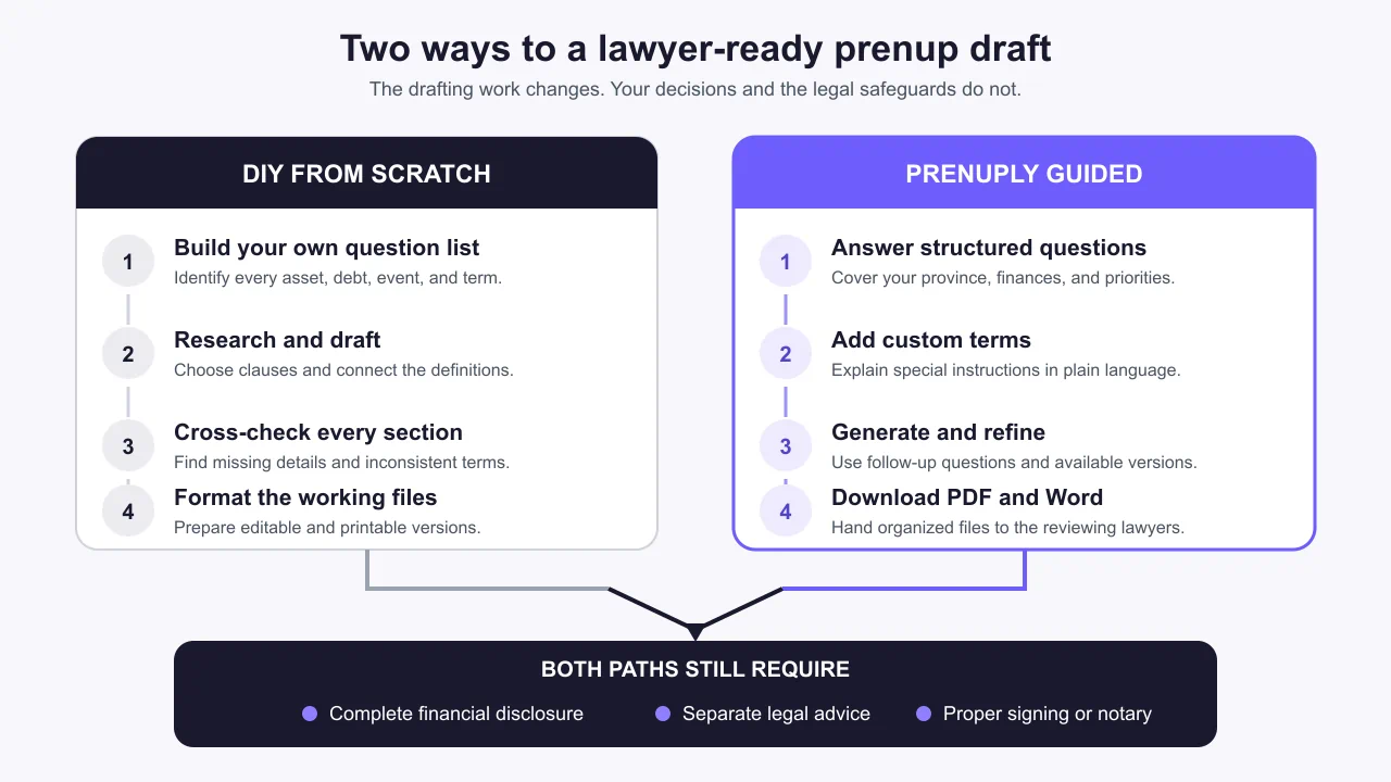 Side-by-side process map comparing DIY prenup tasks with Prenuply guidance before both paths reach independent lawyer review