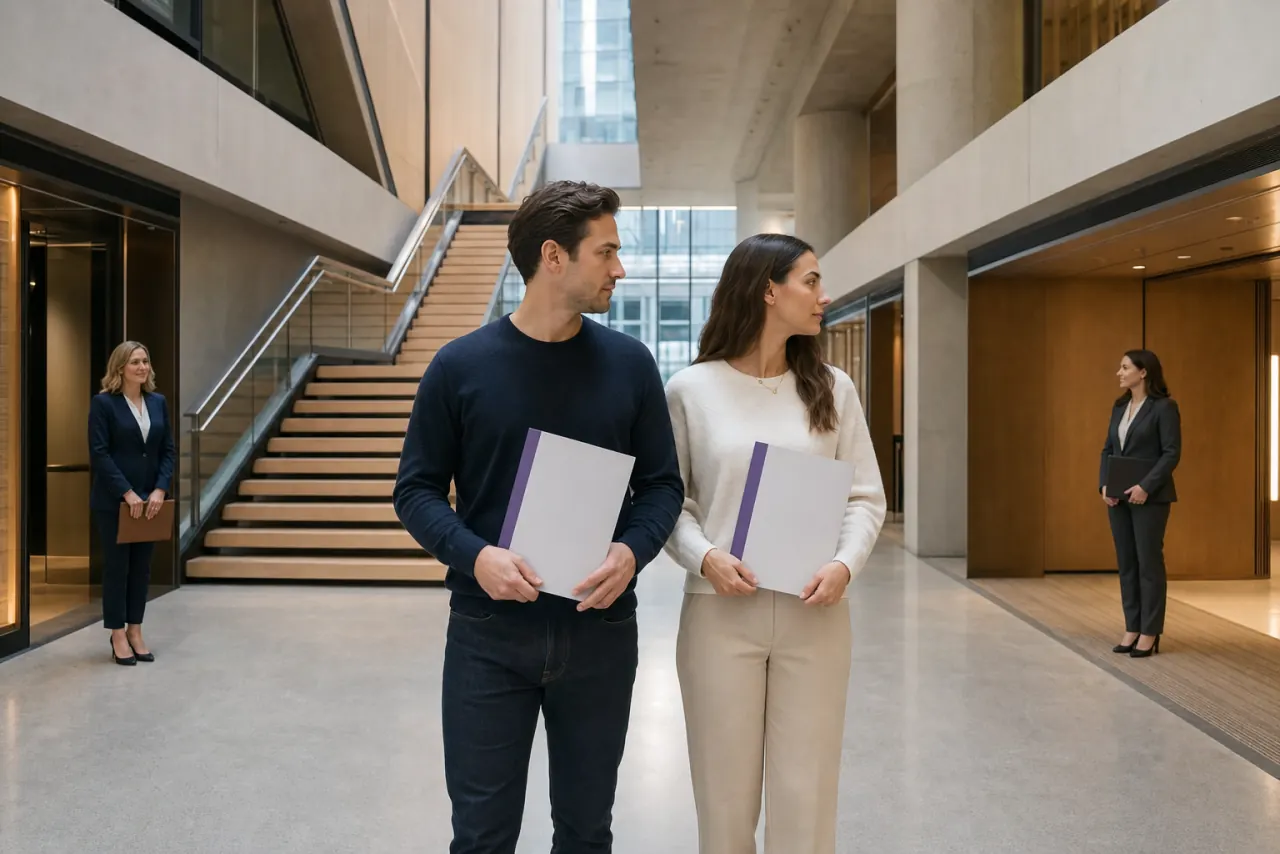 Engaged Canadian couple carrying separate copies of the same organized prenup draft as they head to independent legal review appointments