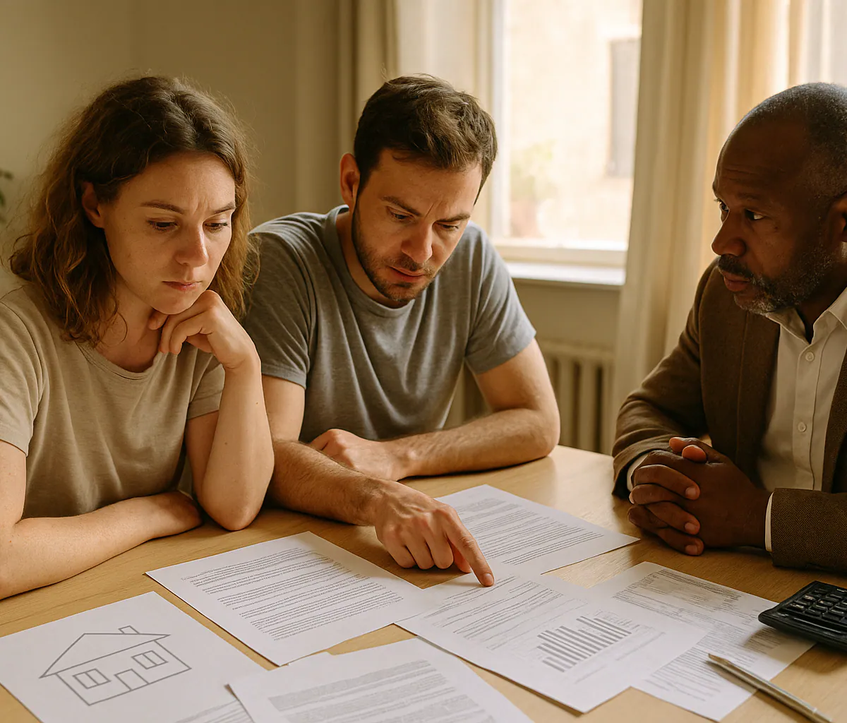 Common-law partners reviewing home equity, debts, and property records with a mediator