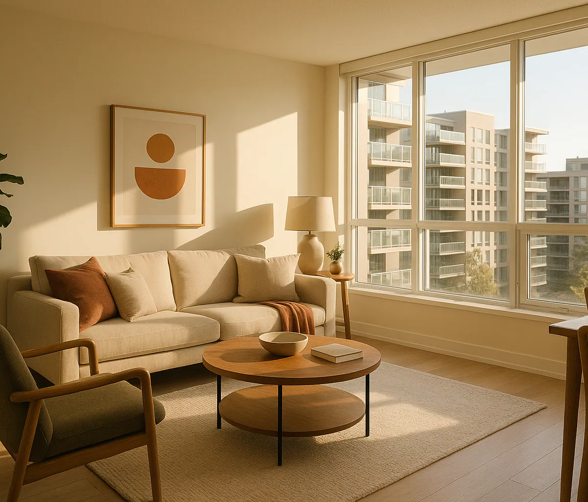 Sunlit modern Canadian condo living room representing shared property in a common-law relationship