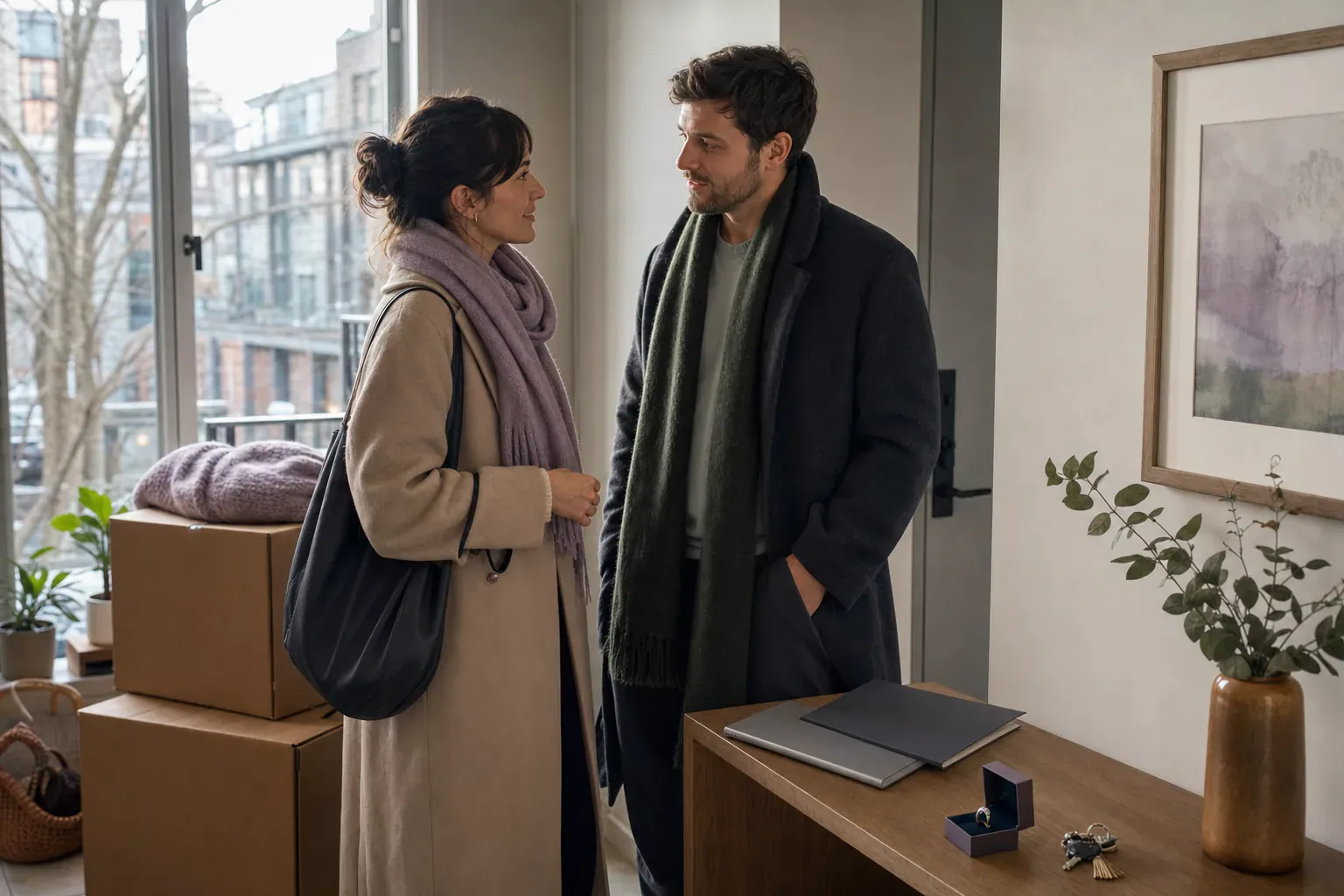 Engaged couple talking in a Canadian condo beside moving boxes, home keys, document folders, and a ring box