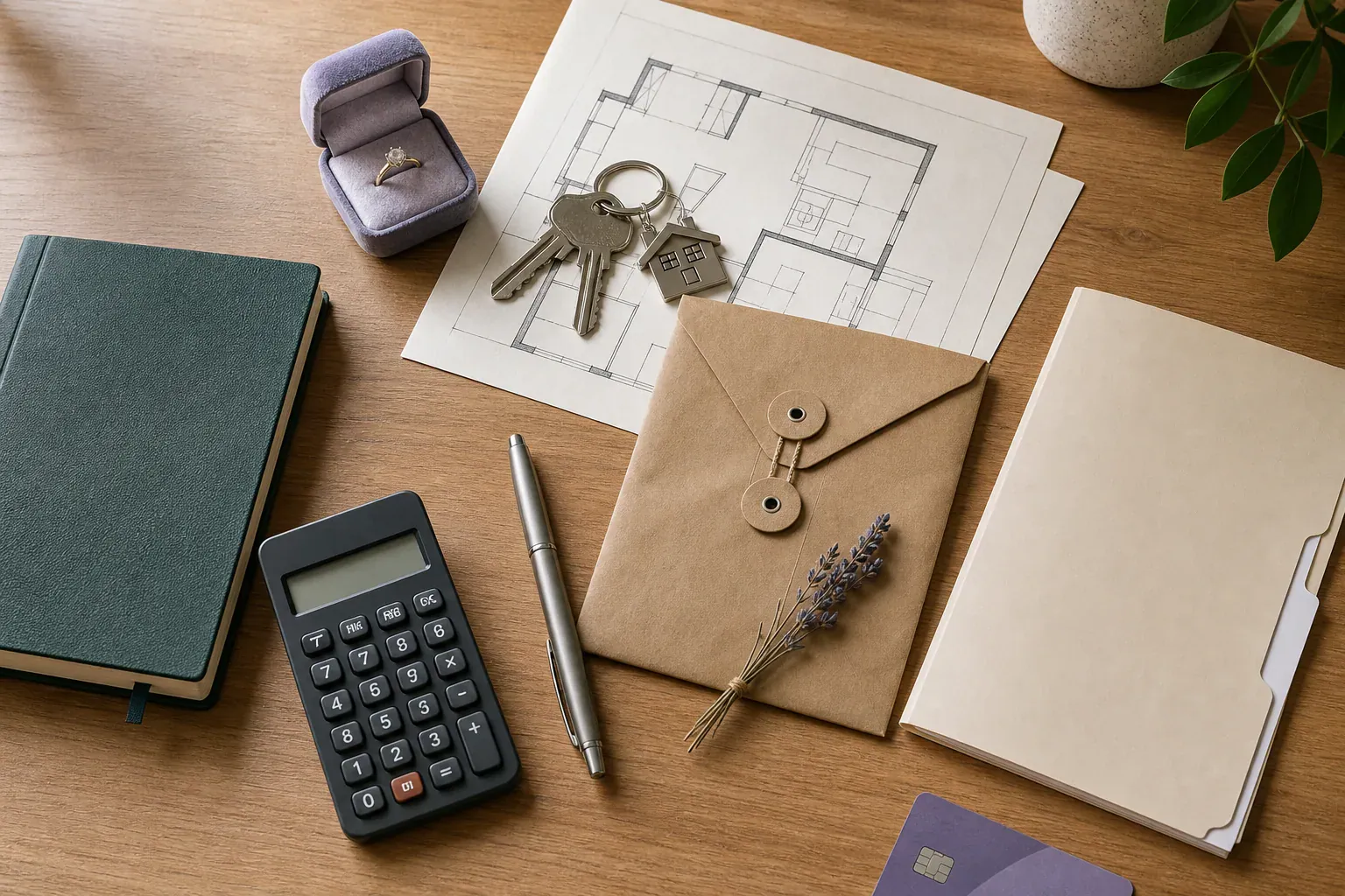 House keys, an engagement ring, calculator, folders, and a sealed envelope arranged on a wooden planning desk