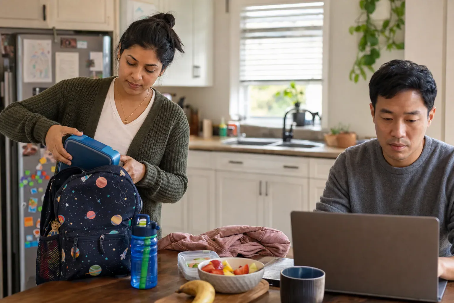 One partner preparing a child's school bag and lunch while the other works at a laptop, showing caregiving and career trade-offs