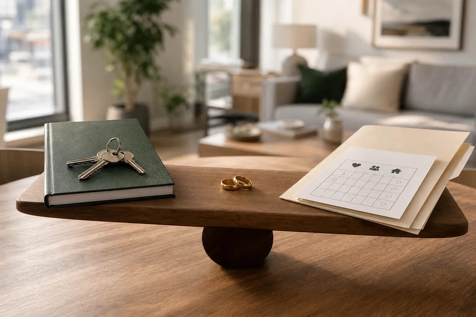 House keys, wedding bands, financial folders, and a family planning sheet balanced on a wooden board in a Canadian home