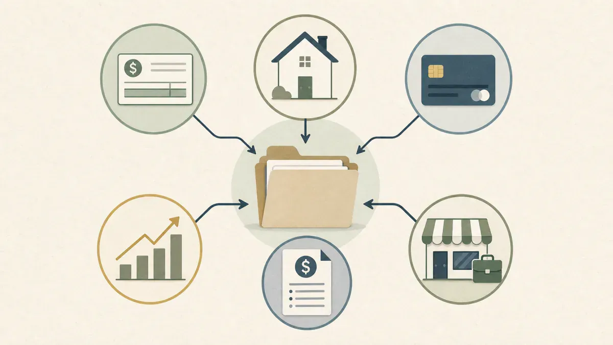Diagram showing income, real estate, credit, investments, debts, and business interests flowing into one disclosure folder