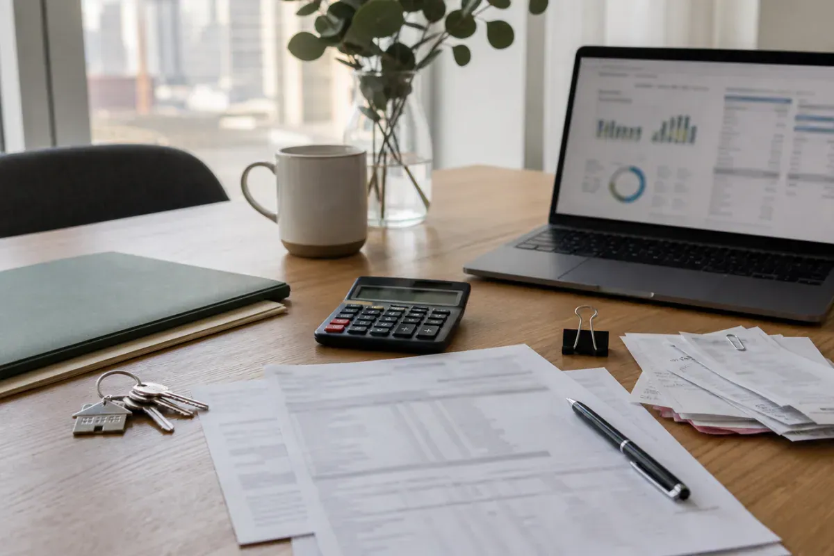 Organized financial disclosure workspace with folders, calculator, house keys, laptop, and blurred financial papers