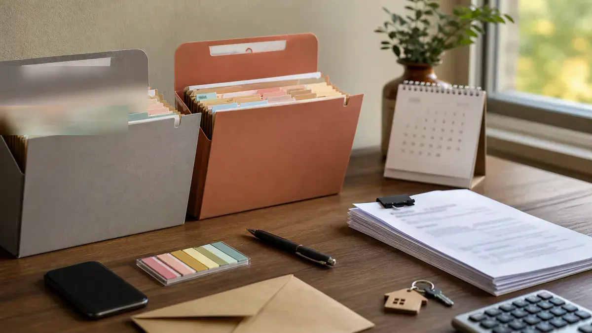 Two organized disclosure folders, a calendar, a clipped document stack, and house keys on a home office desk