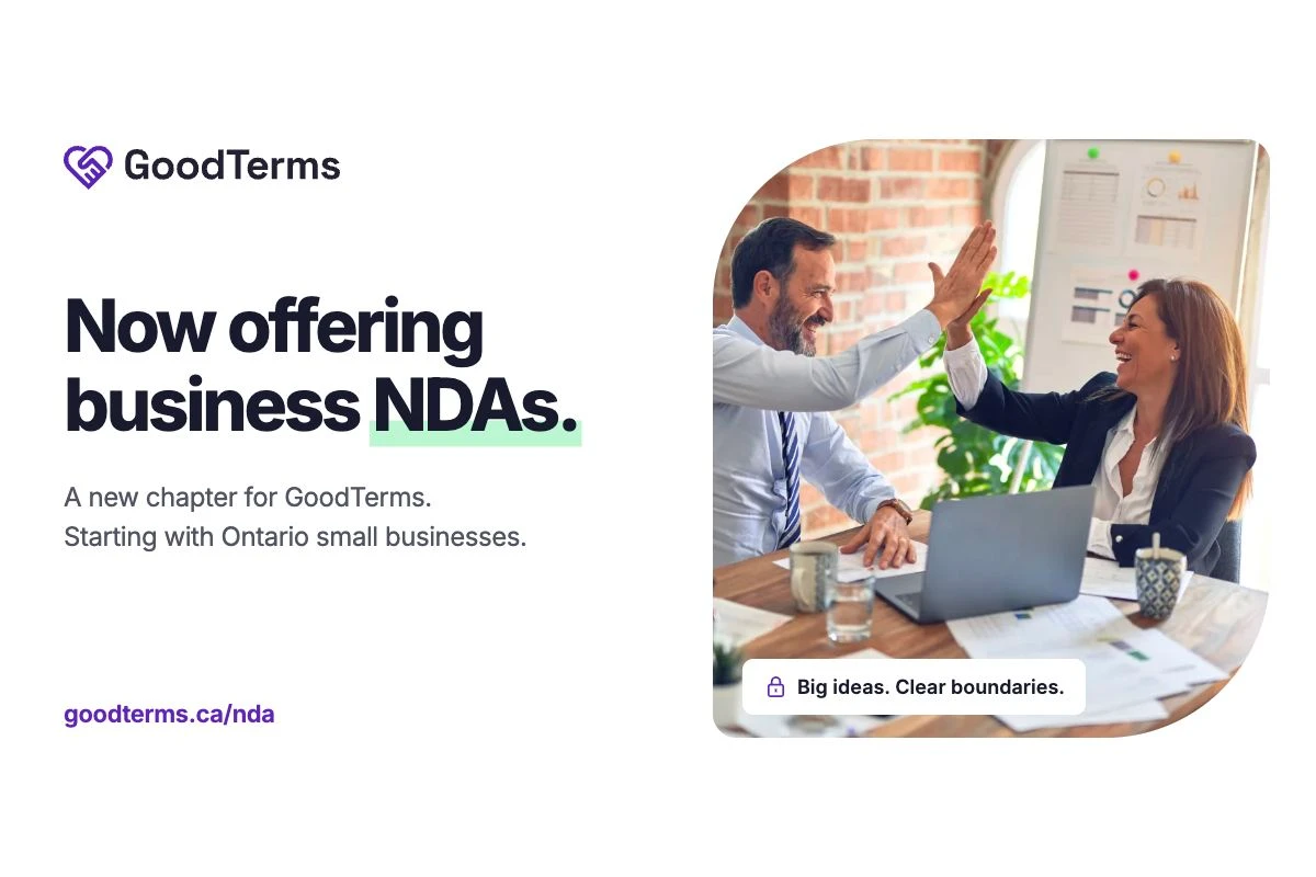 GoodTerms now offers business NDAs, illustrated with two business partners celebrating at their desk. Starting with Ontario small businesses.