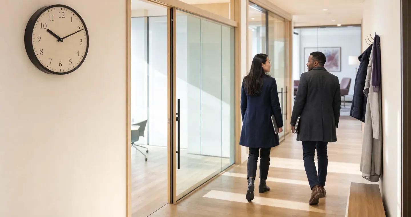 Engaged couple walking through a Canadian family law office beneath a wall clock as they begin prenup planning