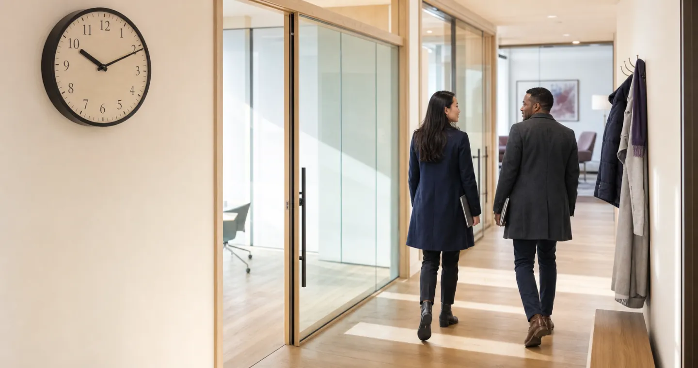 Engaged couple walking through a Canadian family law office beneath a wall clock as they begin prenup planning